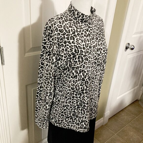 KAREN SCOTT Grey black leopard print mockneck top ~ LARGE XL 1X stretchy shirt - Picture 4 of 12